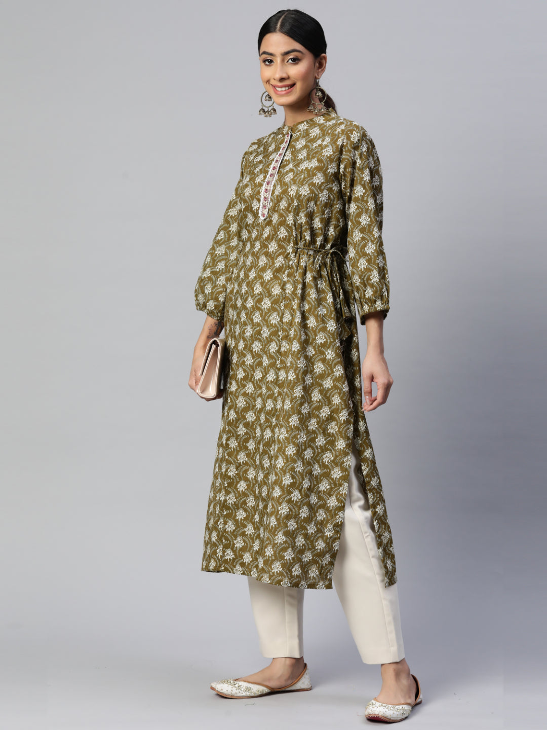 Green Emboridered Straight Cotton Kurta