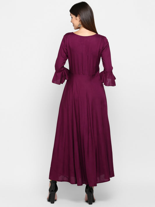 Purple Embroidered Rayon Flared Kurti