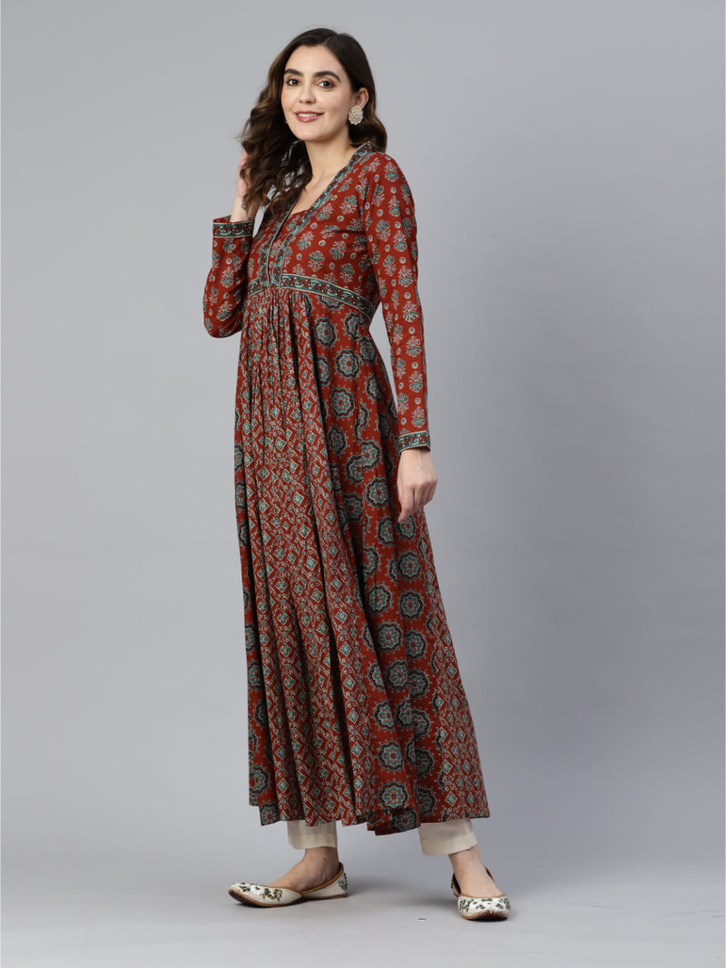 Maroon Floral Print Anarkali Cotton Gown