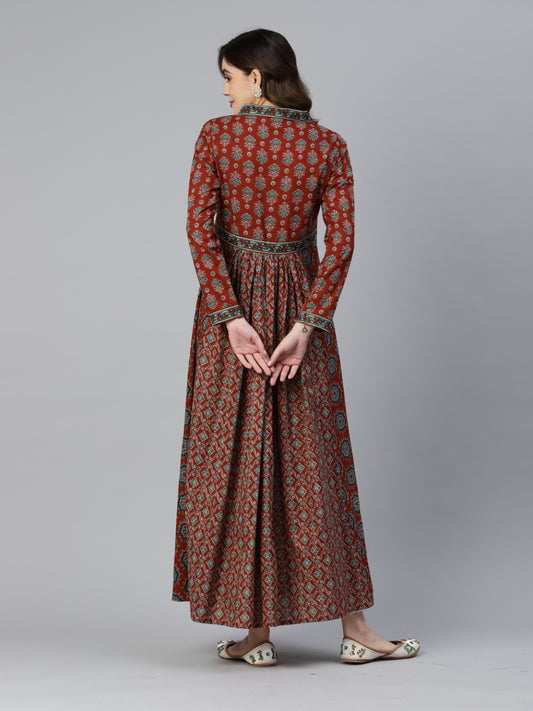 Maroon Floral Print Anarkali Cotton Gown