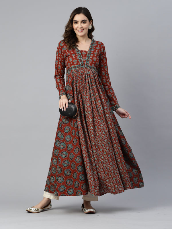 Maroon Floral Print Anarkali Cotton Gown