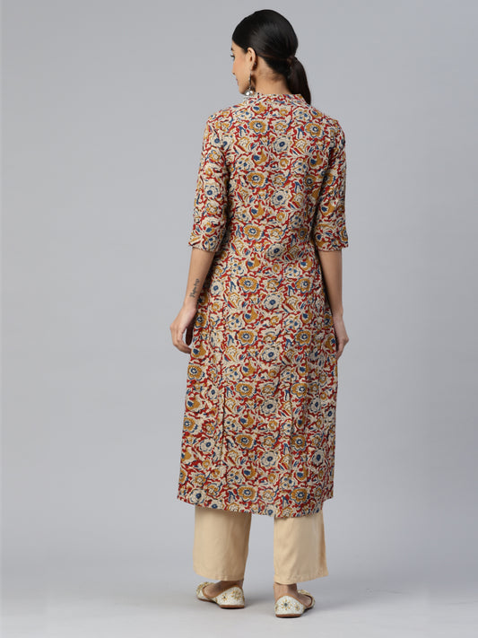 Beige Floral Print A-Line Rayon Kurta