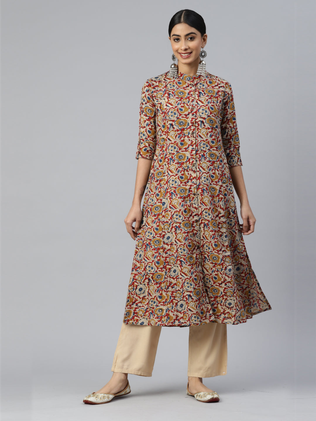 Beige Floral Print A-Line Rayon Kurta