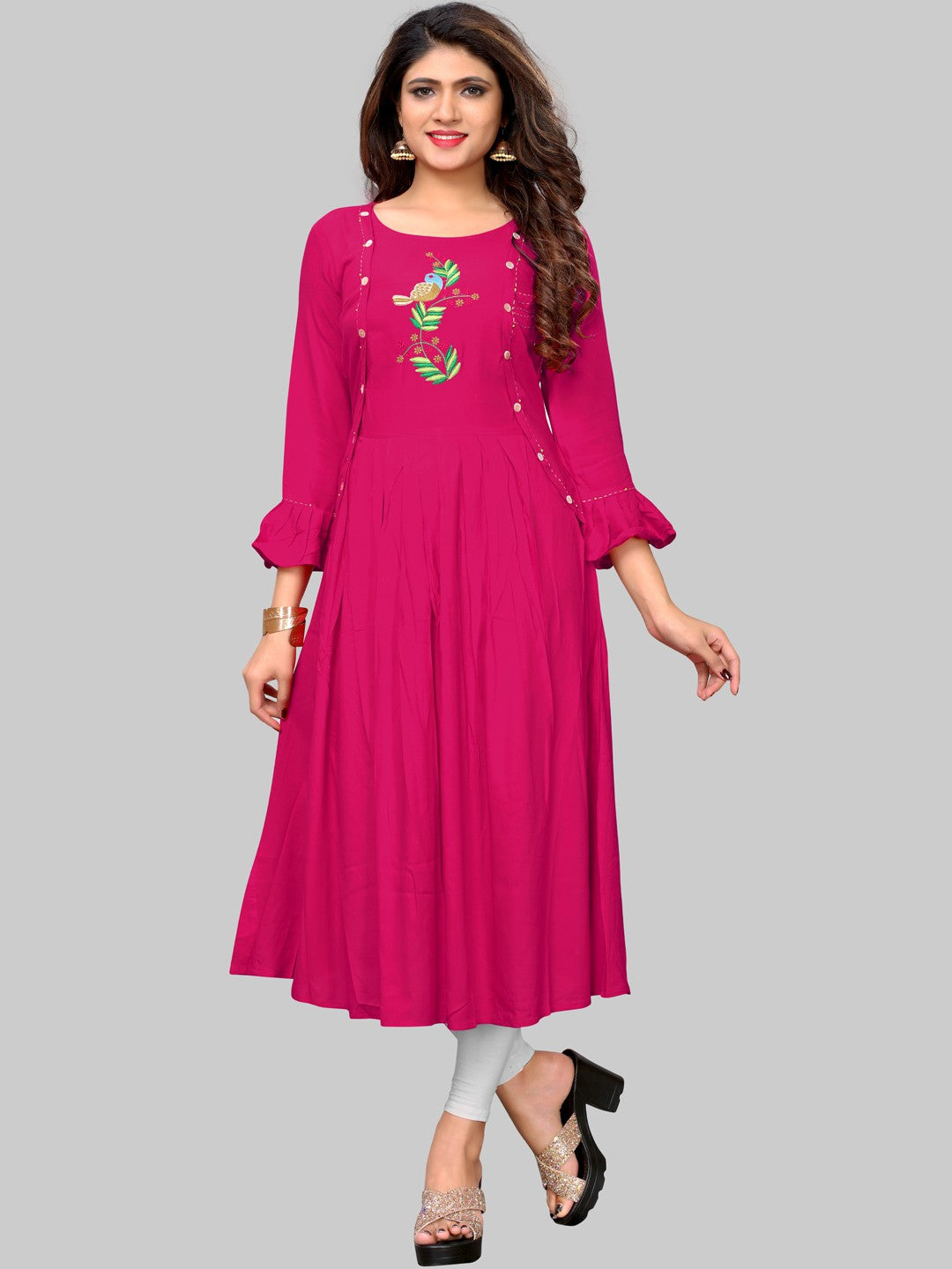 Pink Solid Rayon Anarkali Kurti