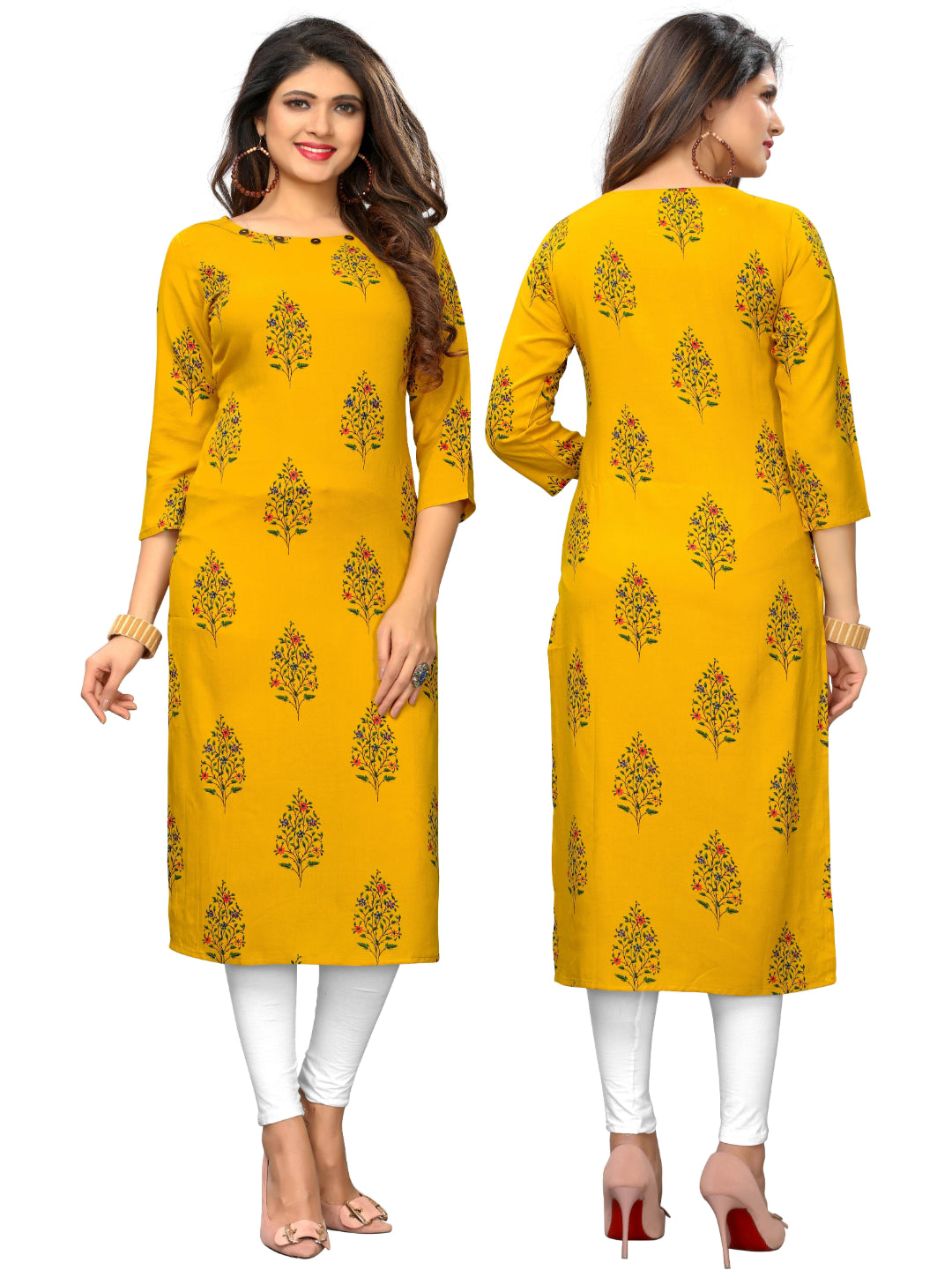 Yellow Printed Rayon Straight Kurti