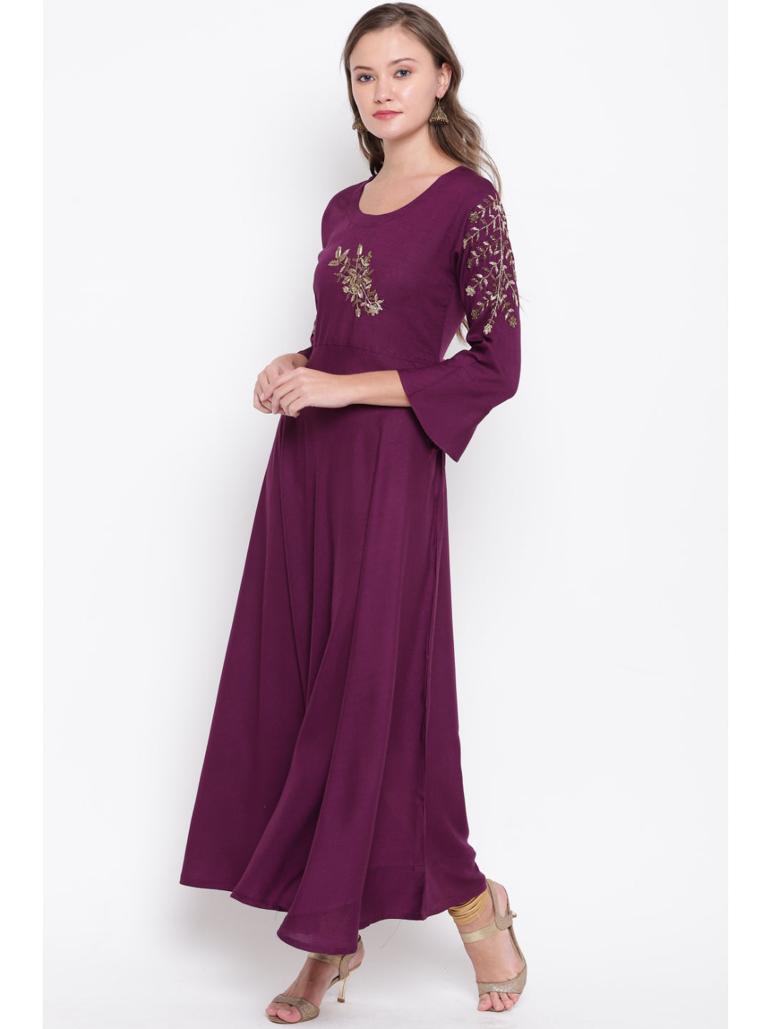 Purple Embroidered Anarkali Rayon Kurti