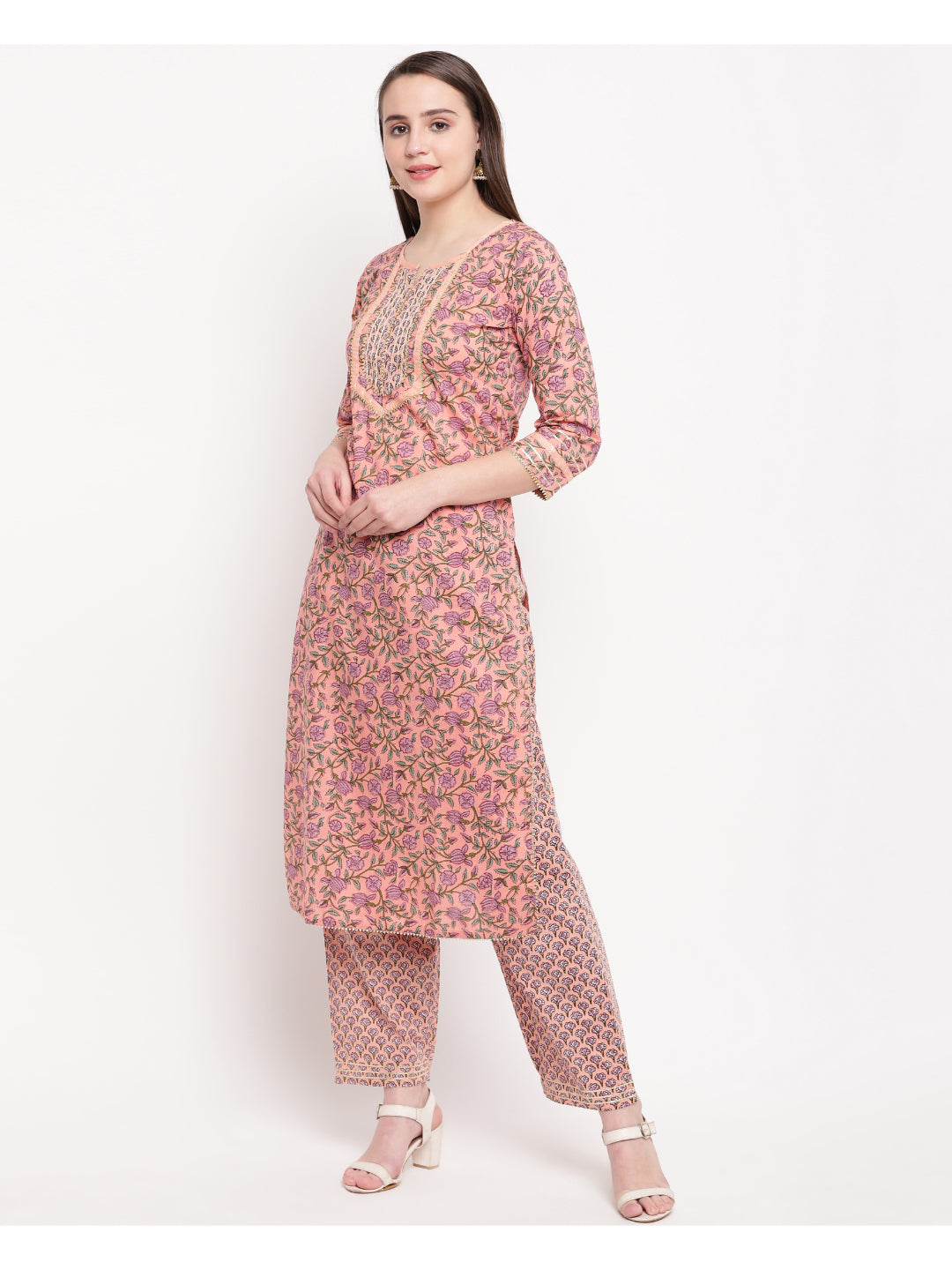 Peach Printed Straight Cotton Kurti Set