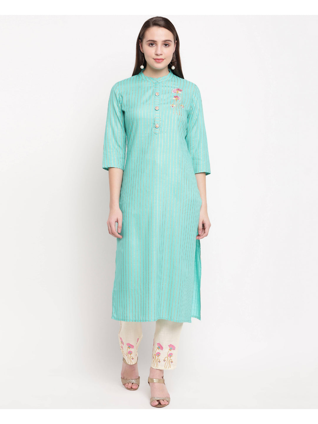 Sky Blue Embroidered Straight Rayon Kurti Set