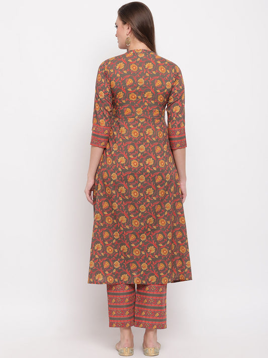 Grey Floral Print Flared Cotton Kurti