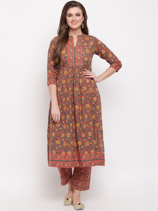 Grey Embroidered Flared Cotton Kurti Set