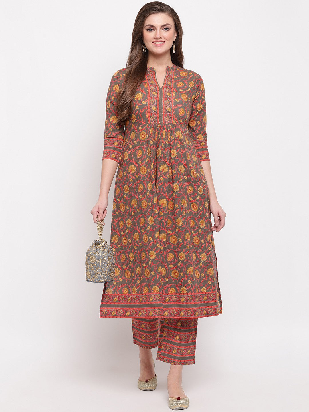 Grey Floral Print Flared Cotton Kurti