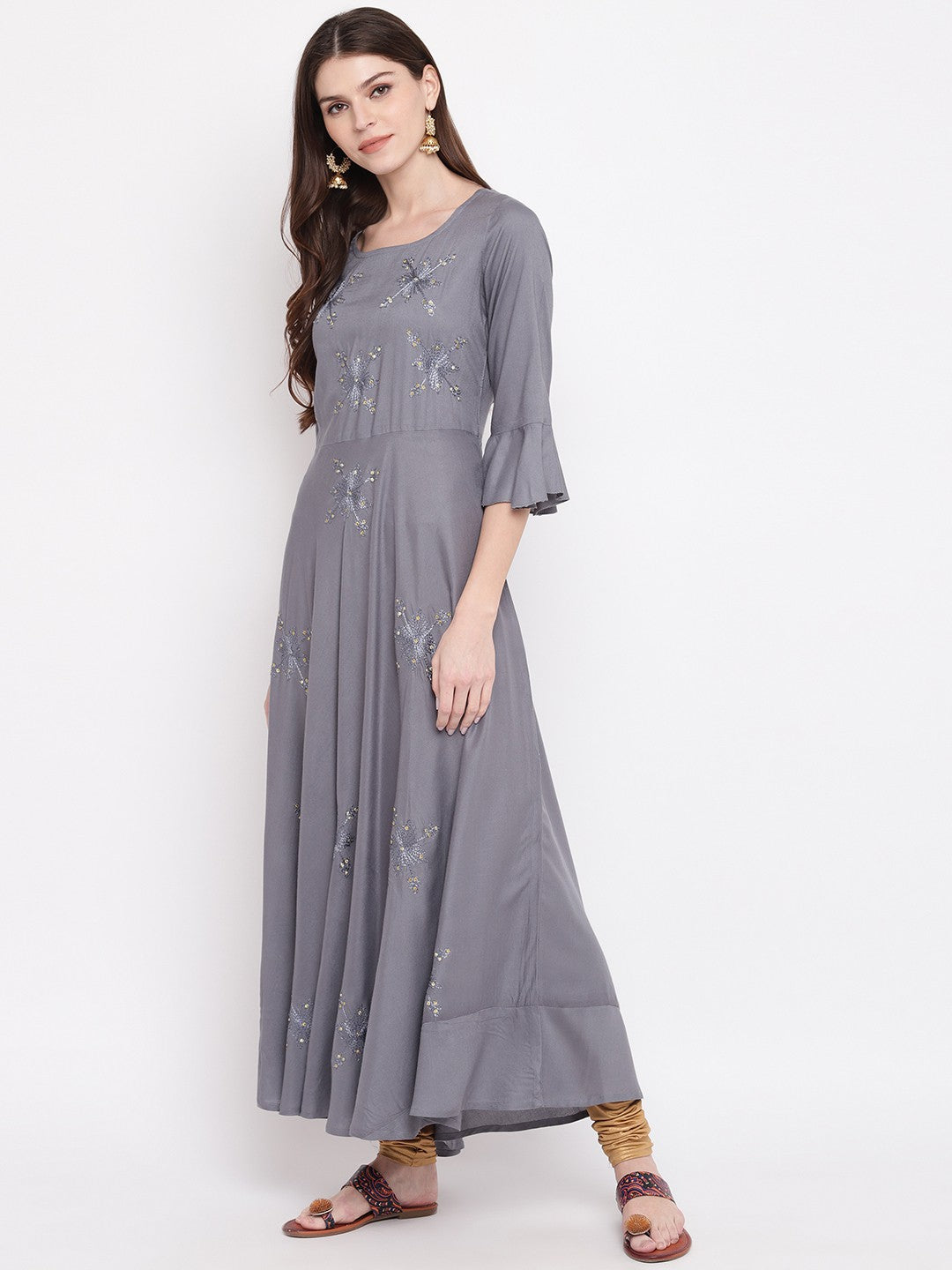 Grey Embellished Anarkali Rayon Kurti