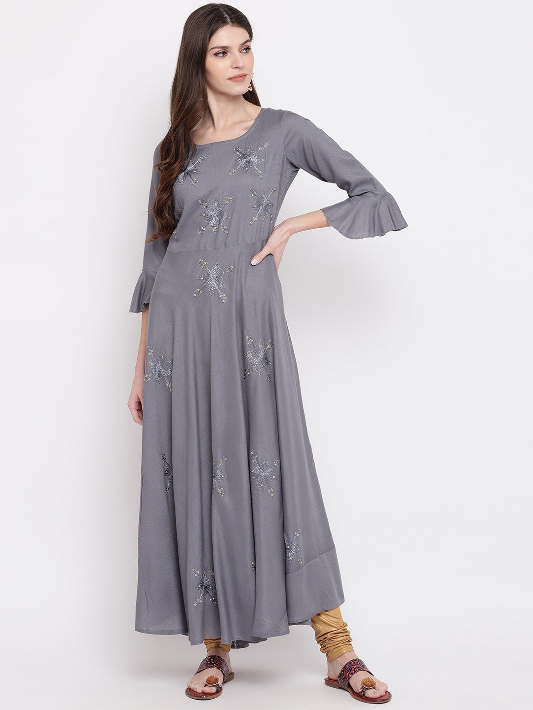 Grey Embellished Anarkali Rayon Kurti