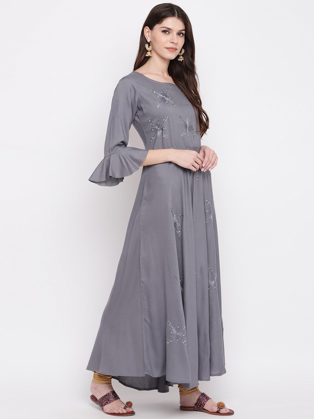 Grey Embellished Anarkali Rayon Kurti