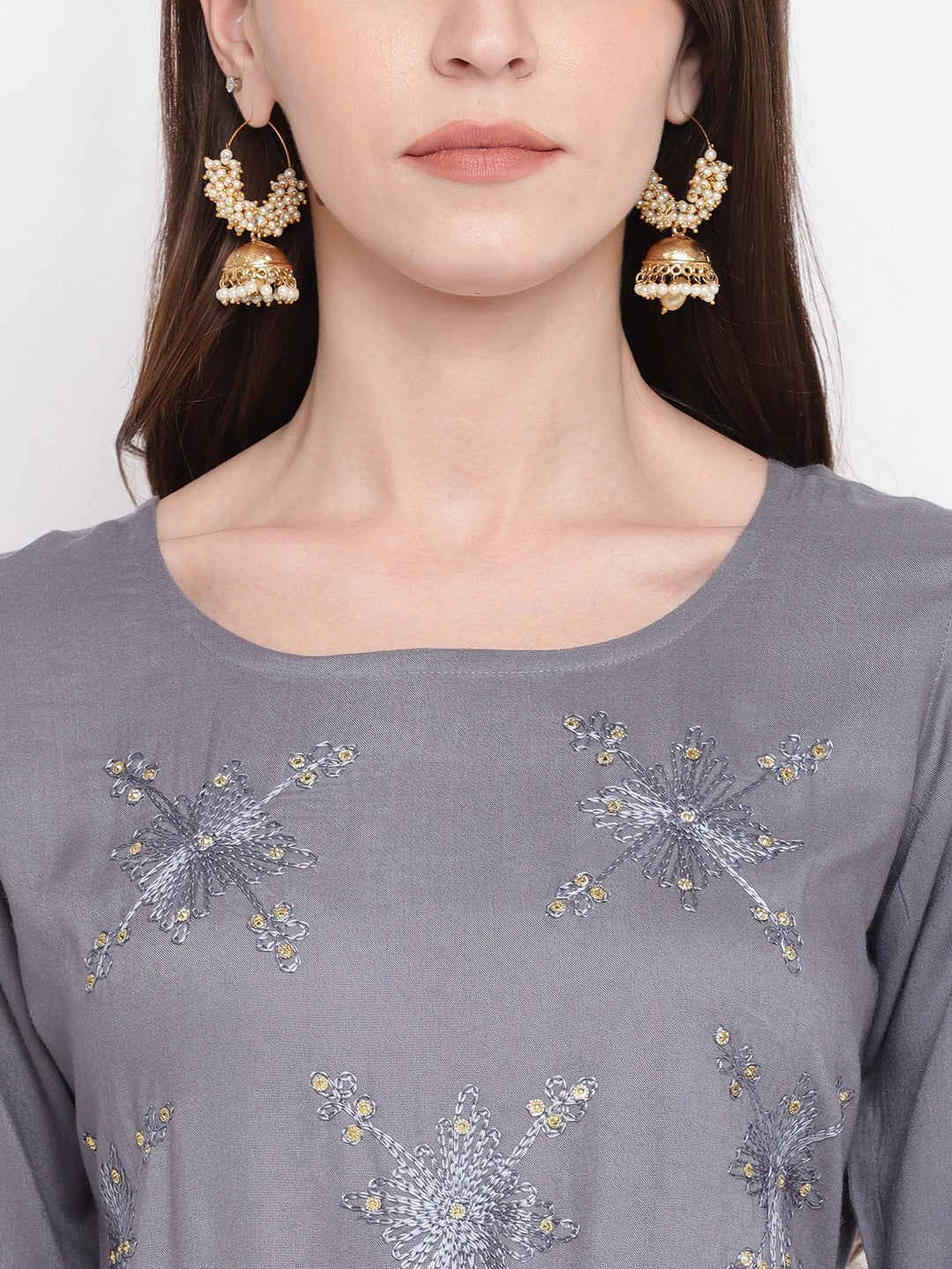 Grey Embellished Anarkali Rayon Kurti
