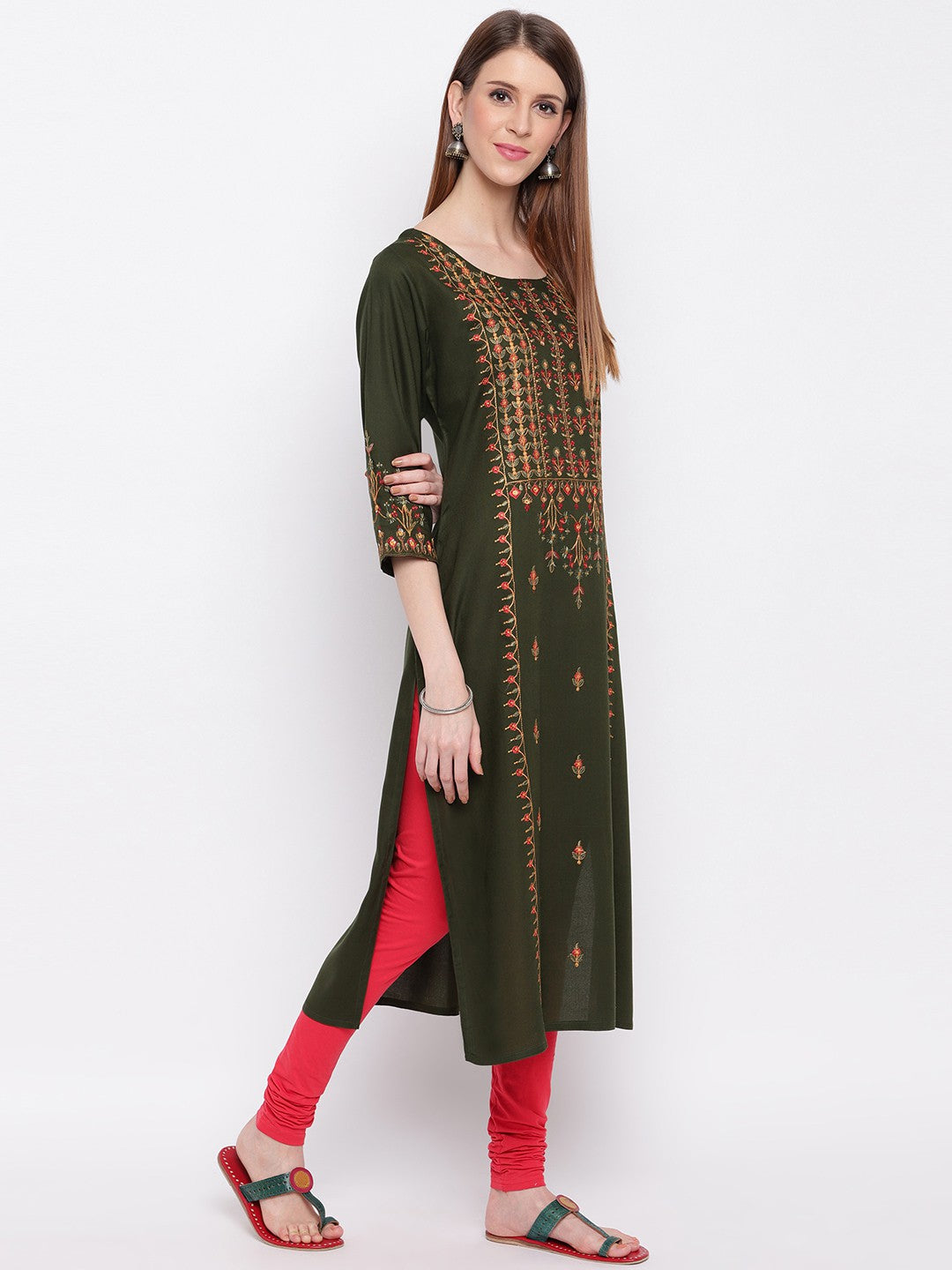 Green Embroidered Straight Cotton Blend Kurti