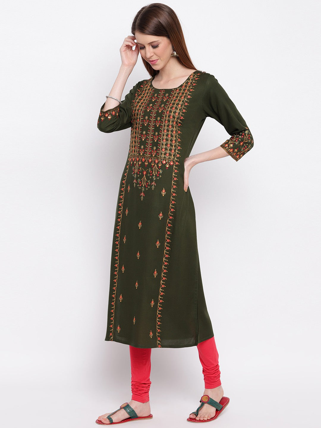Green Embroidered Straight Cotton Blend Kurti