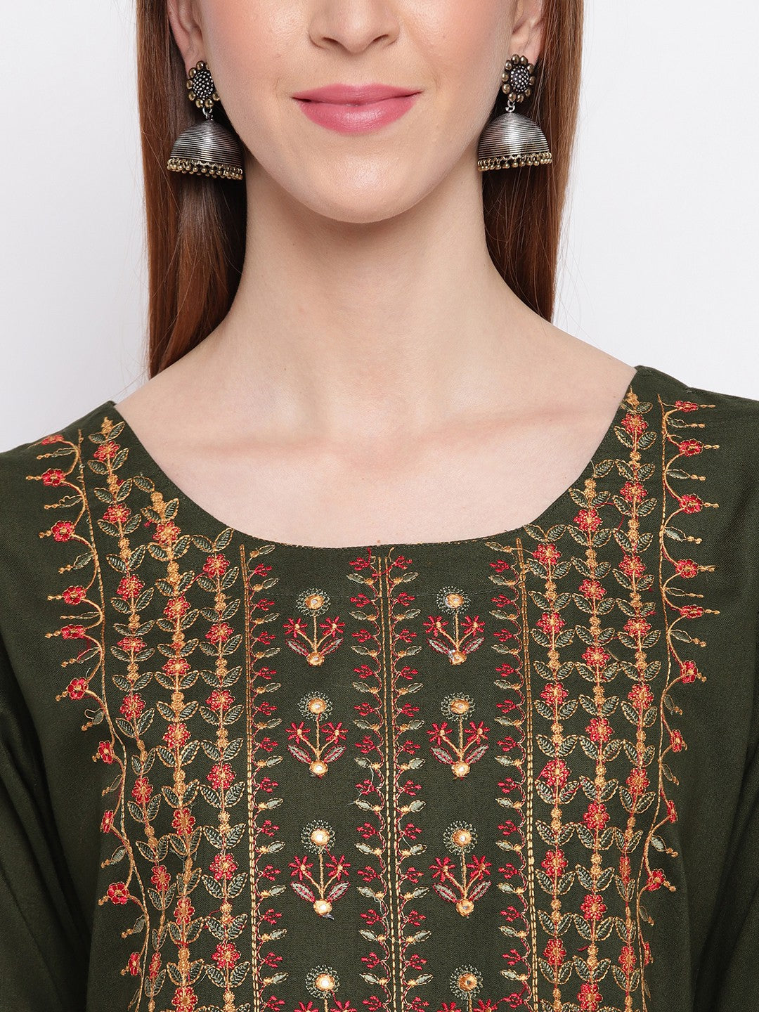 Green Embroidered Straight Cotton Blend Kurti