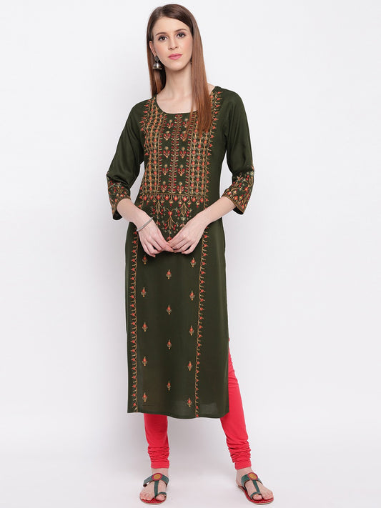 Green Embroidered Straight Cotton Blend Kurti
