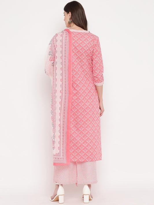 Light Pink Printed Straight Cotton Kurta Set