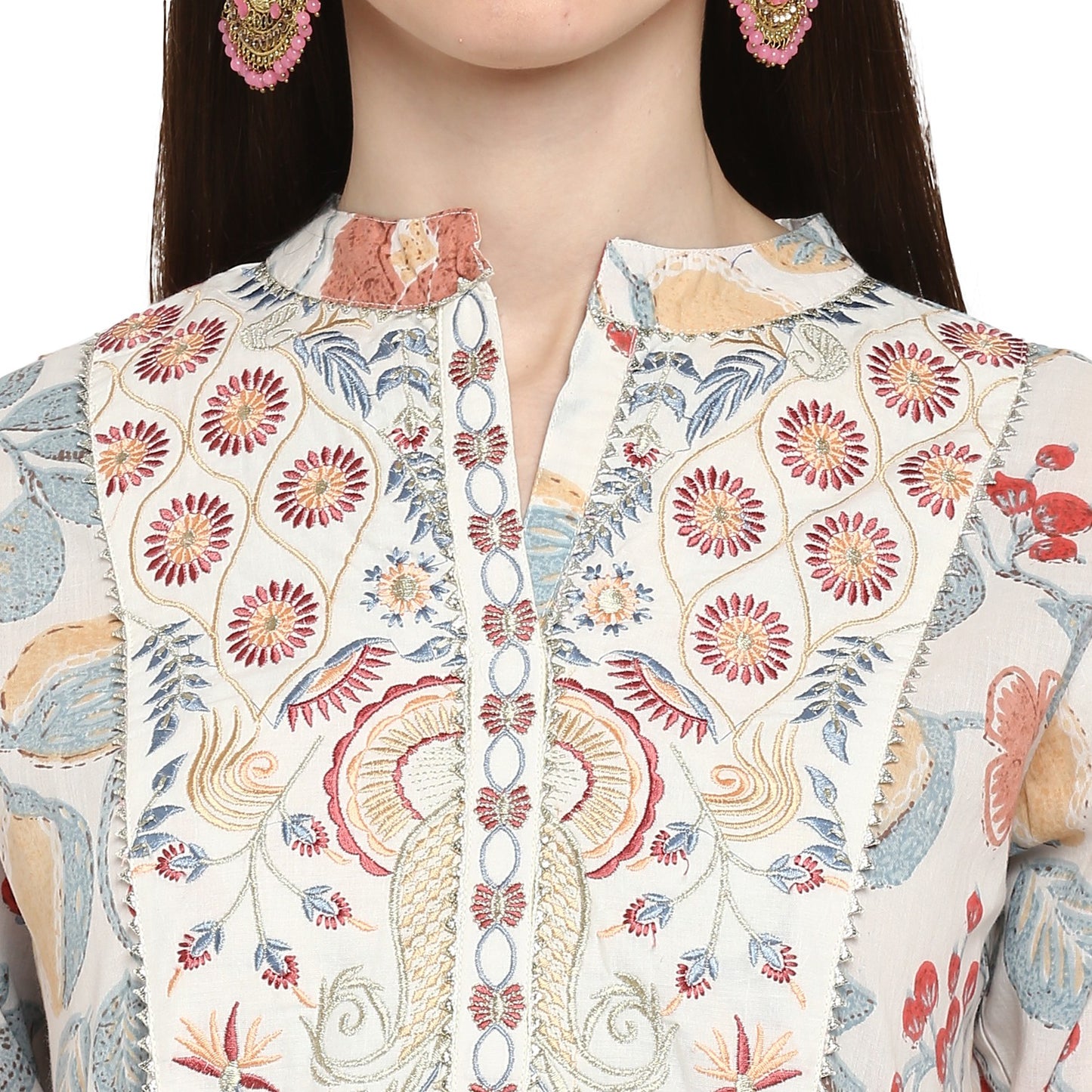 Off White Embroidered Anarkali Cotton Kurta