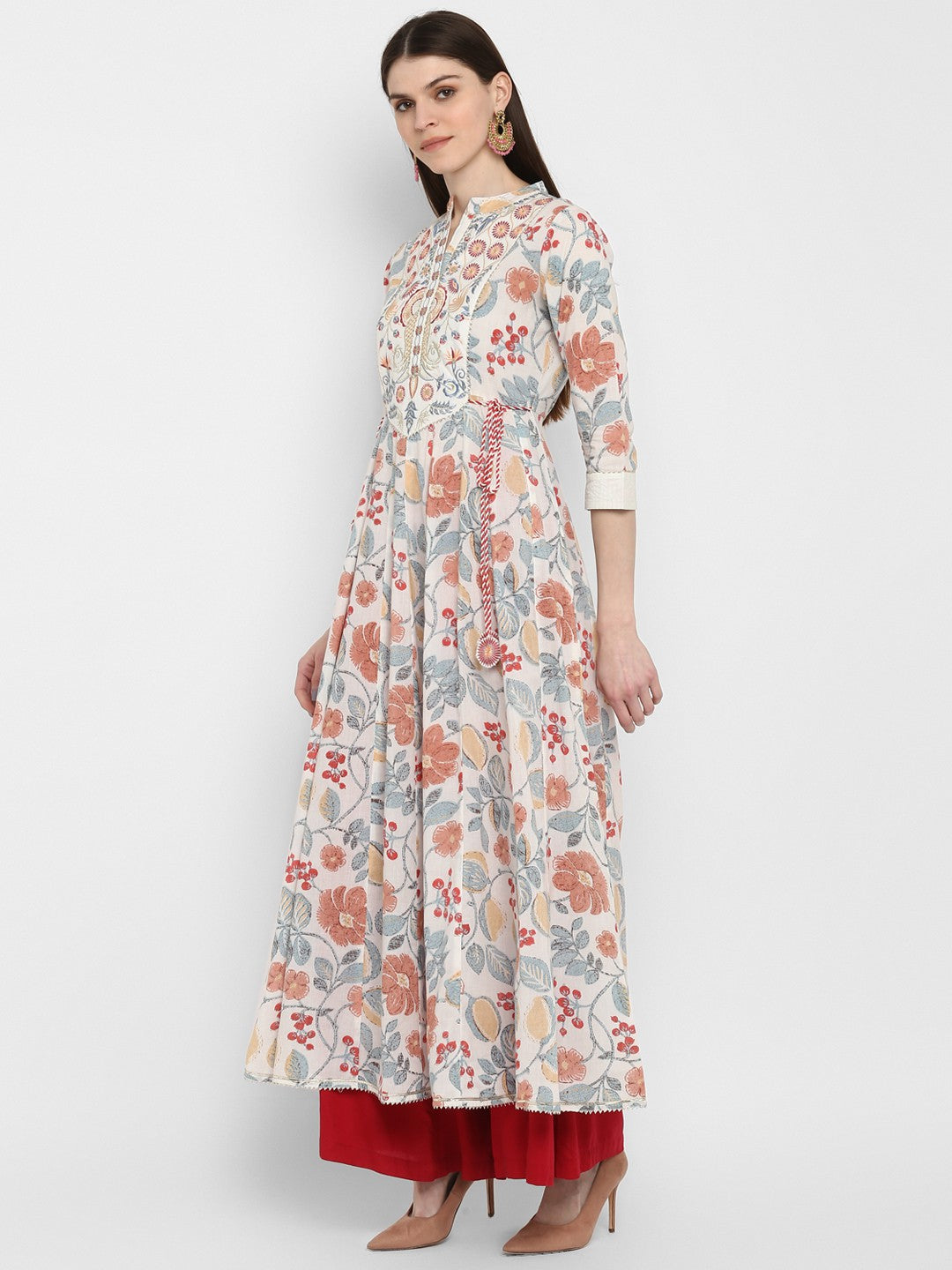 Off White Embroidered Anarkali Cotton Kurta