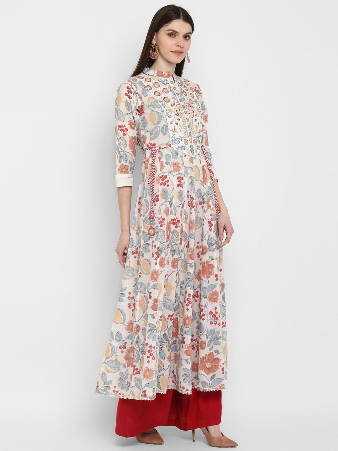 Off White Embroidered Anarkali Cotton Kurta