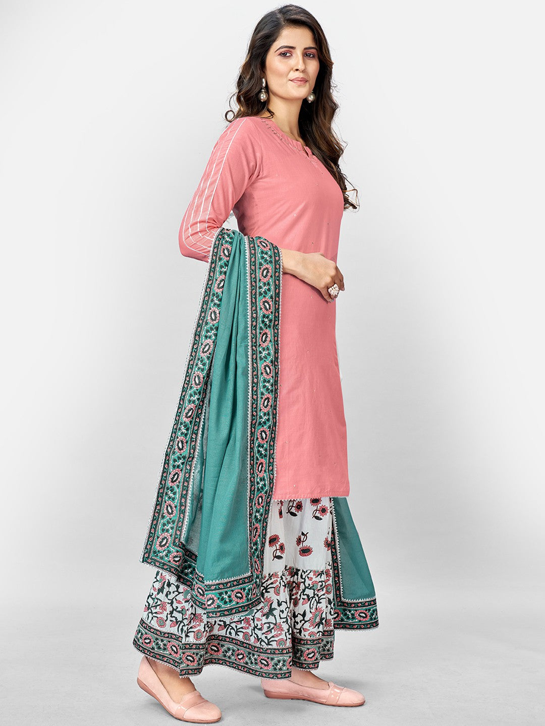 Pink Sequence Straight Cotton Kurta Set