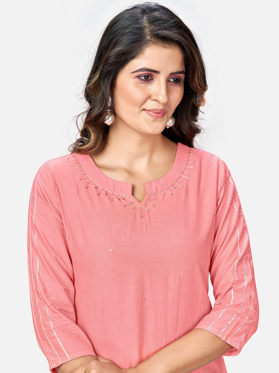 Pink Sequence Straight Cotton Kurta Set