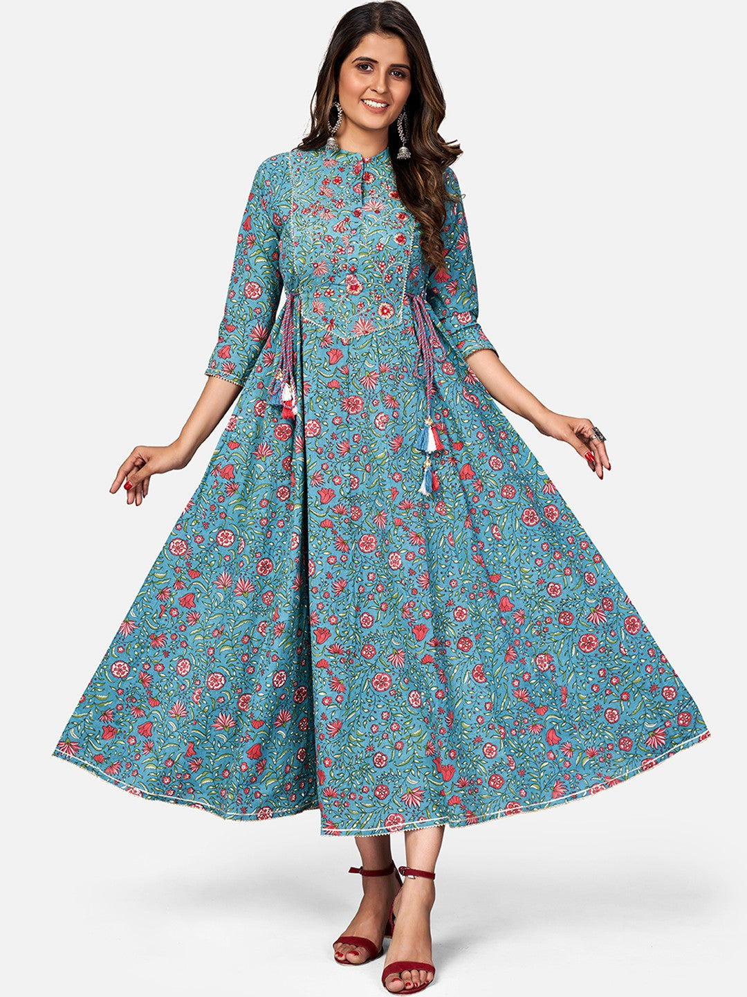 Turquoise Embroidered Anarkali Cotton Kurta