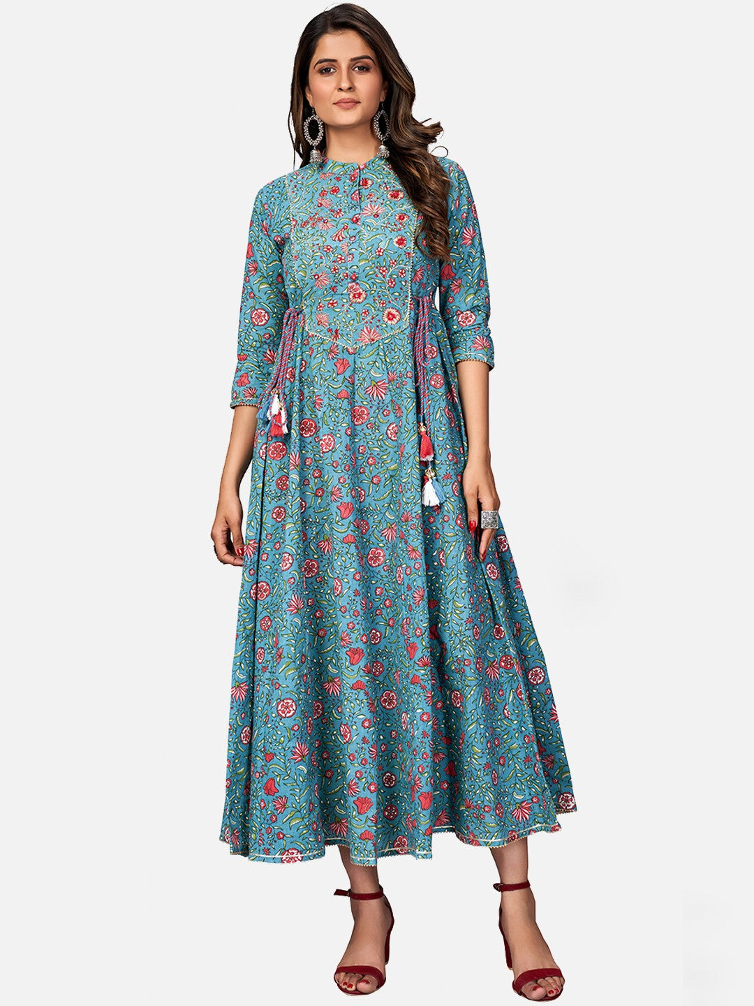 Turquoise Embroidered Anarkali Cotton Kurta