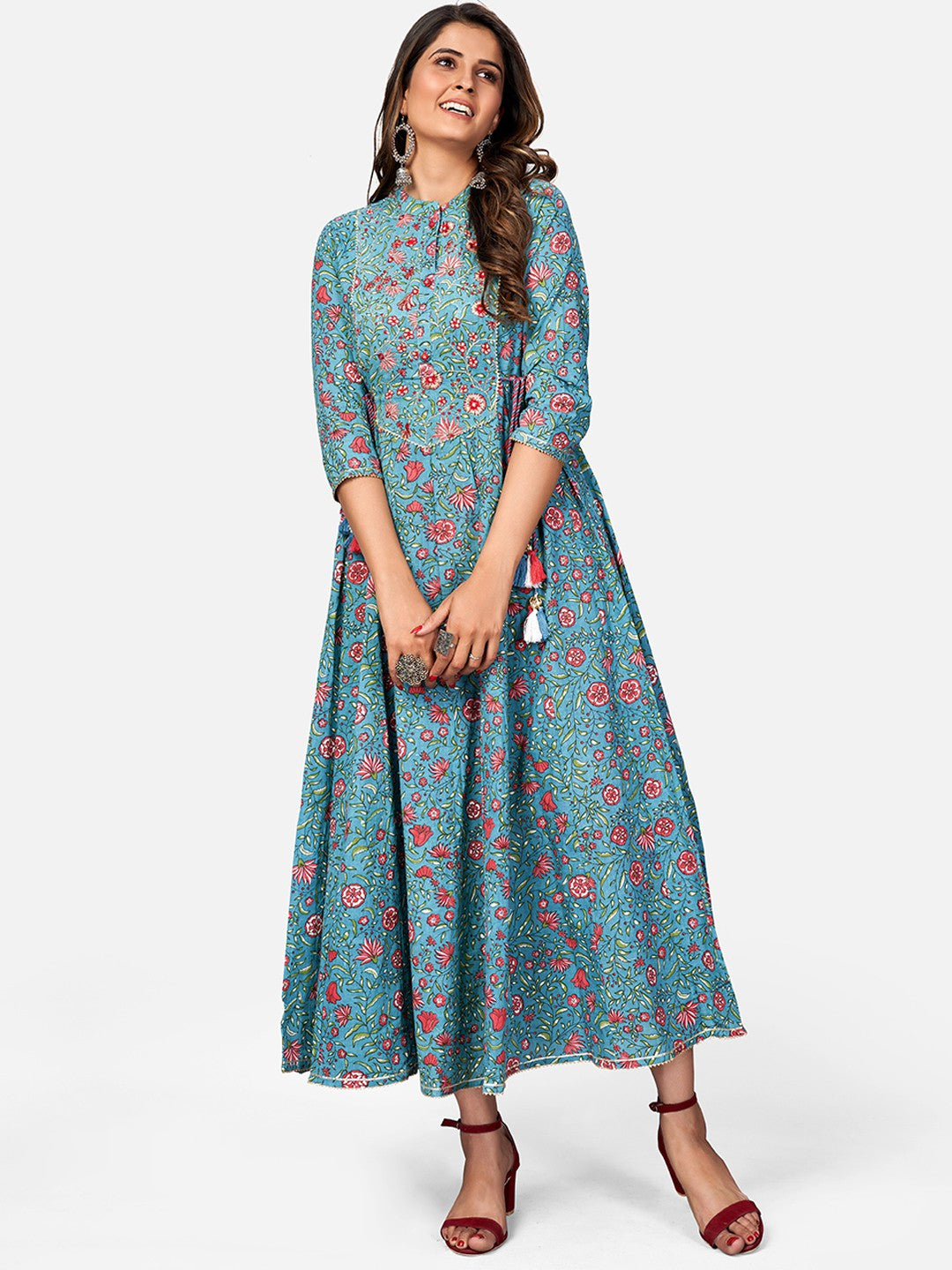 Turquoise Embroidered Anarkali Cotton Kurta