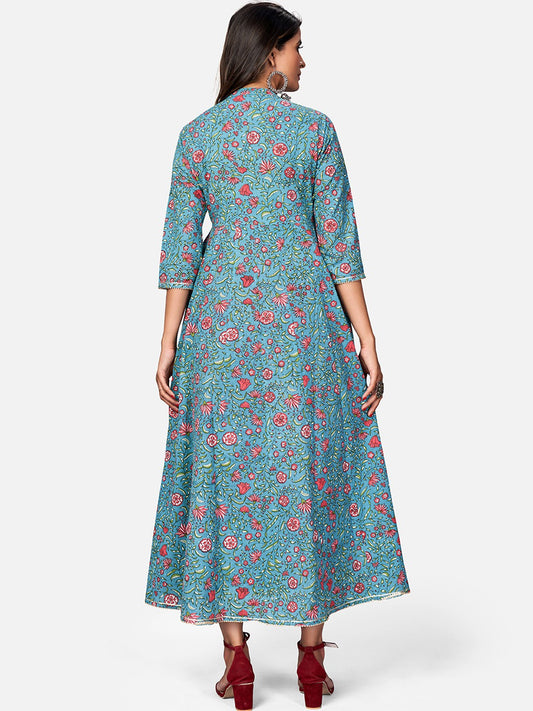 Turquoise Embroidered Anarkali Cotton Kurta