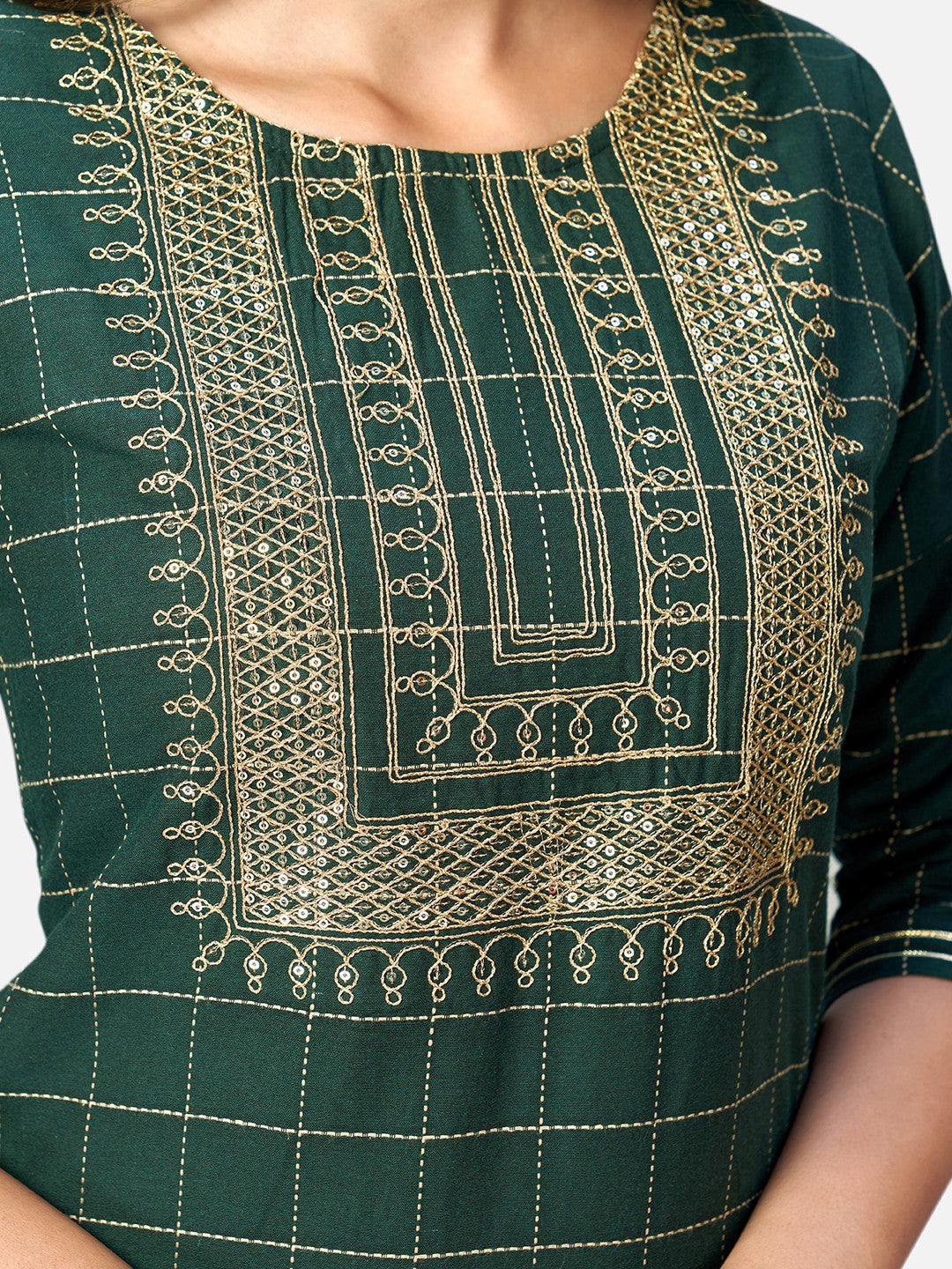 Green Sequence Straight Cotton Kurta Set