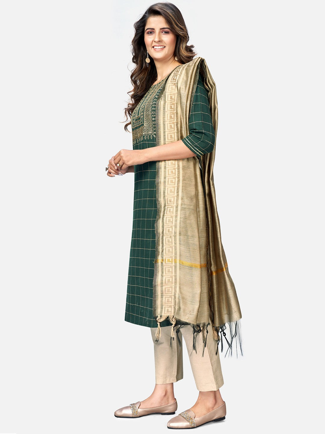 Green Sequence Straight Cotton Kurta Set