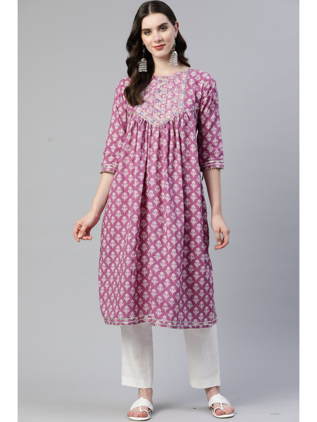 Purple Embroidered A-Line Cotton Kurta