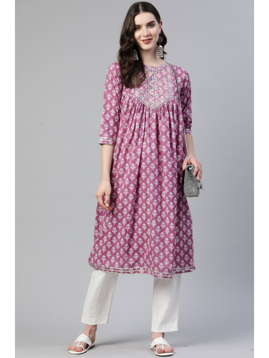 Purple Embroidered A-Line Cotton Kurta
