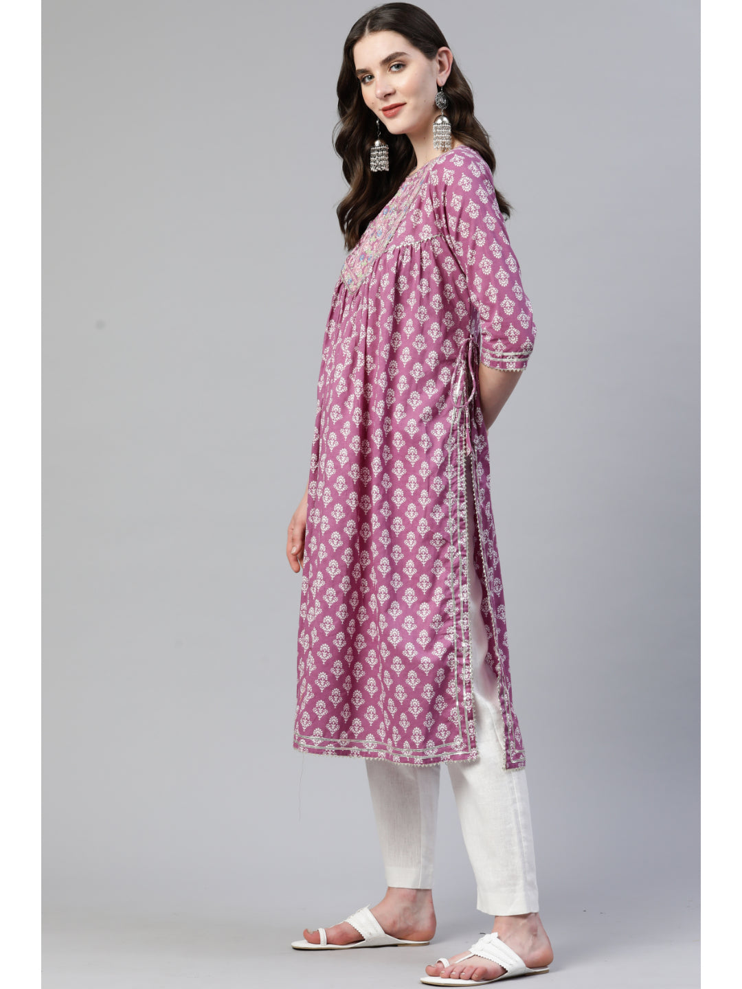 Purple Embroidered A-Line Cotton Kurta