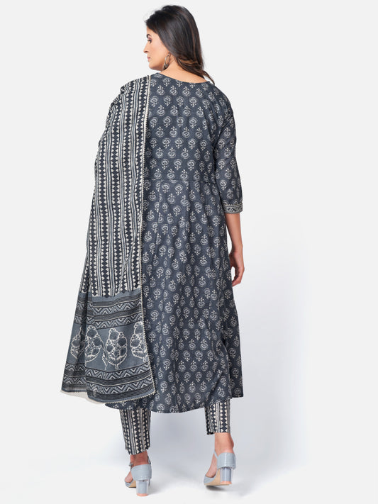 Dark Grey Embroidered Anarkali Cotton Kurta Set