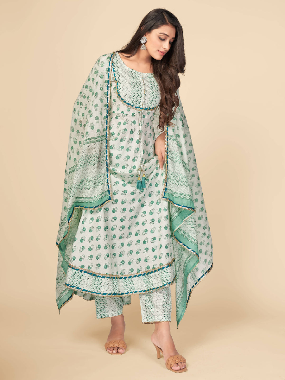 Green Embroidered Anarkali Cotton Kurta Set