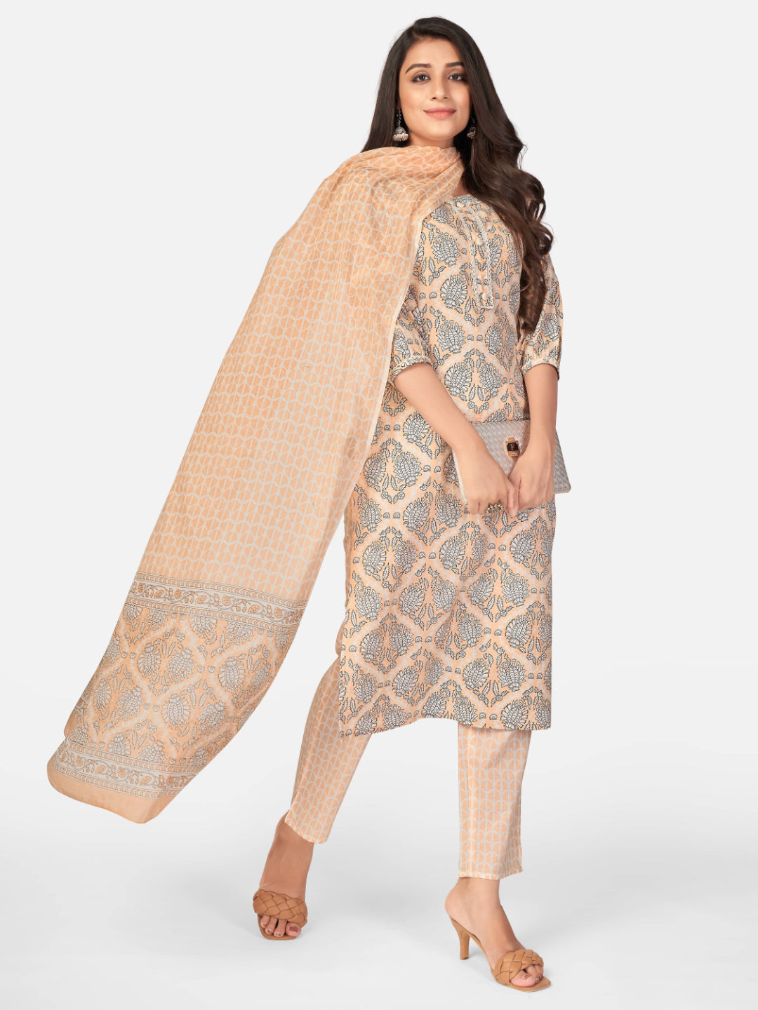 Light Peach Printed Straight Cotton Kurta Set