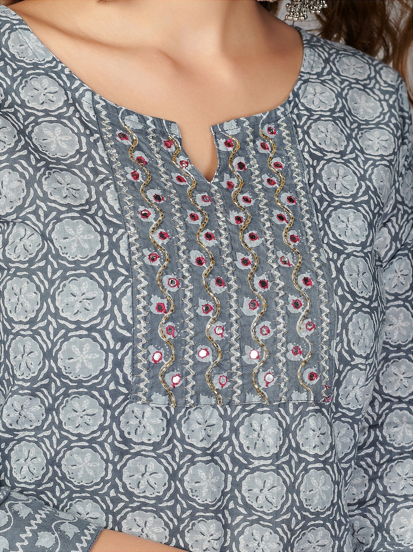 Grey Embellished Straight Cotton Kurta Set