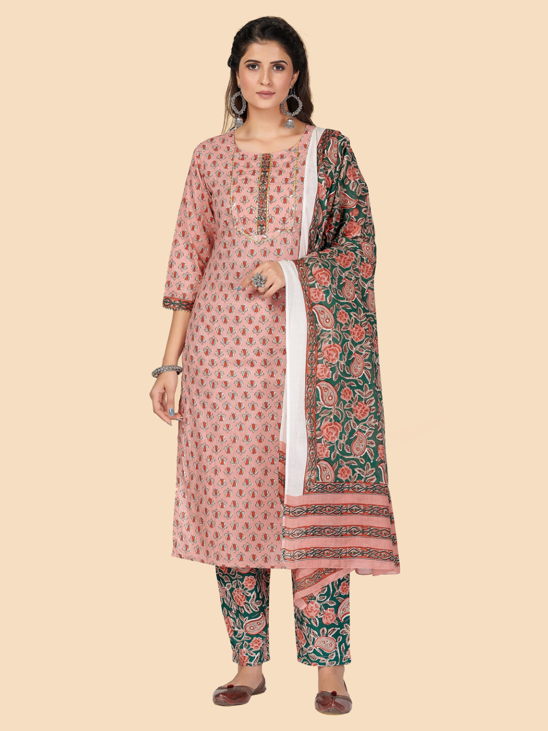 Peach Embroidered Straight Cotton Kurta Set