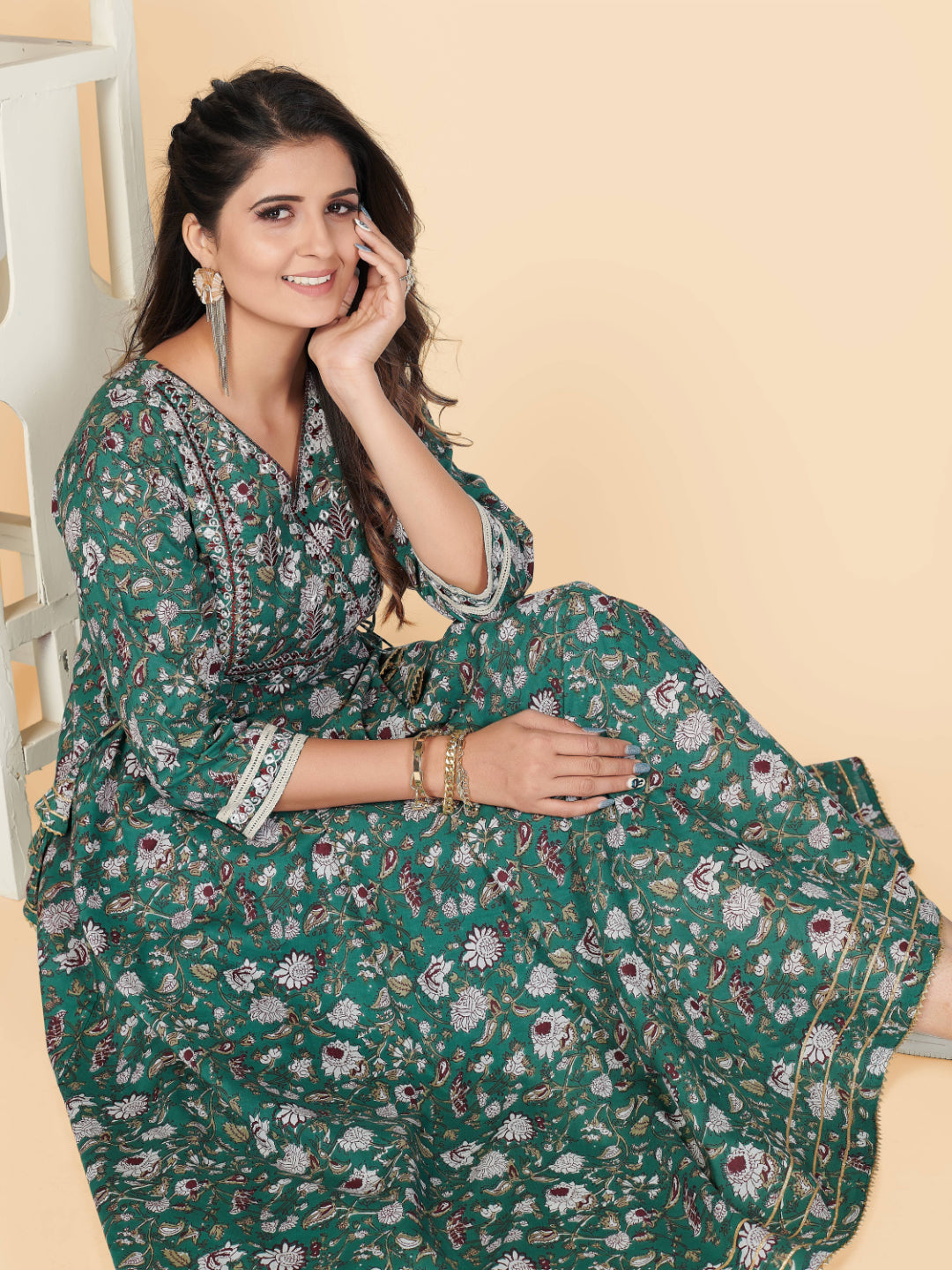 Teal Green Embroidered Anarkali Cotton Kurta