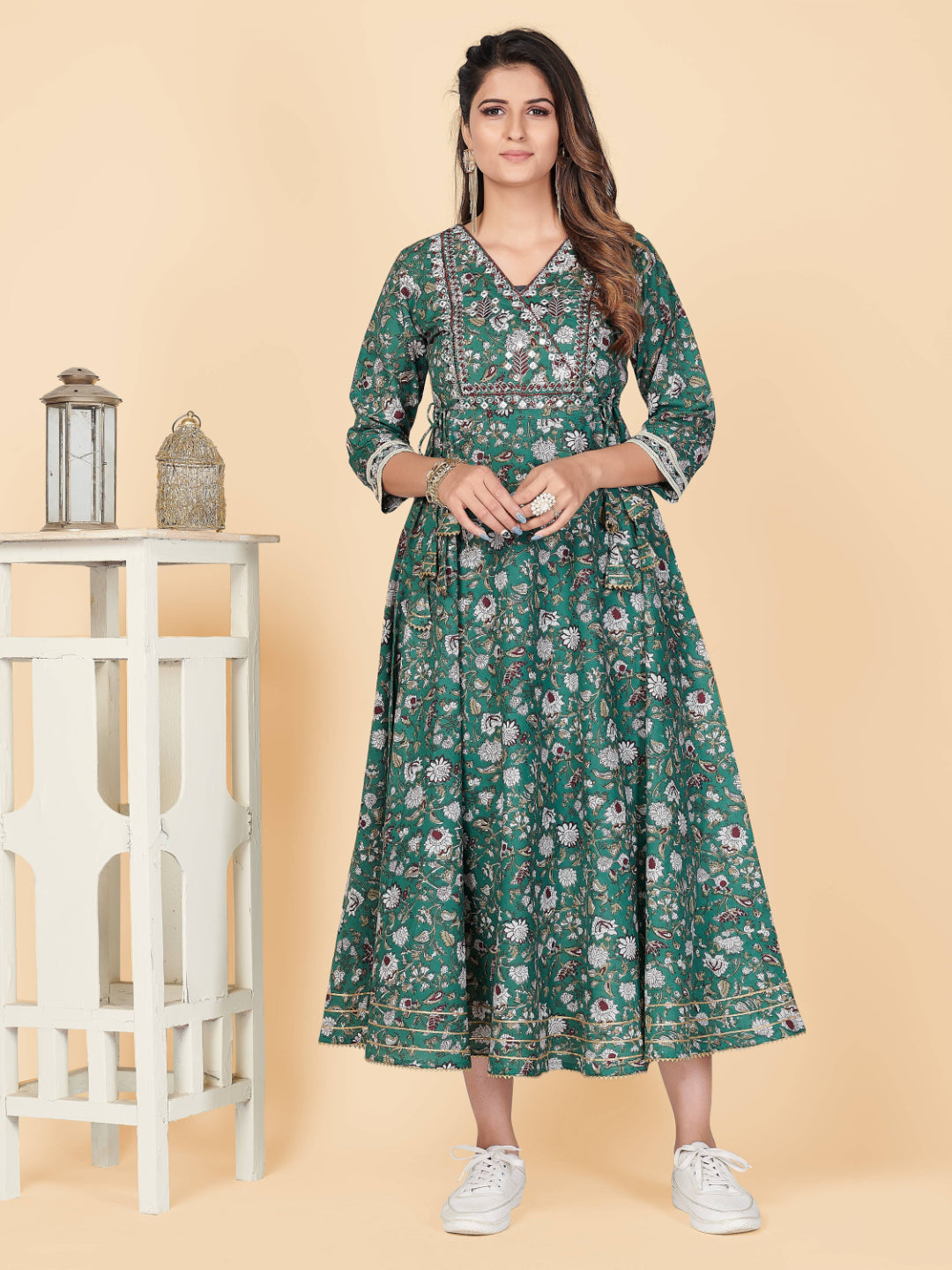 Teal Green Embroidered Anarkali Cotton Kurta