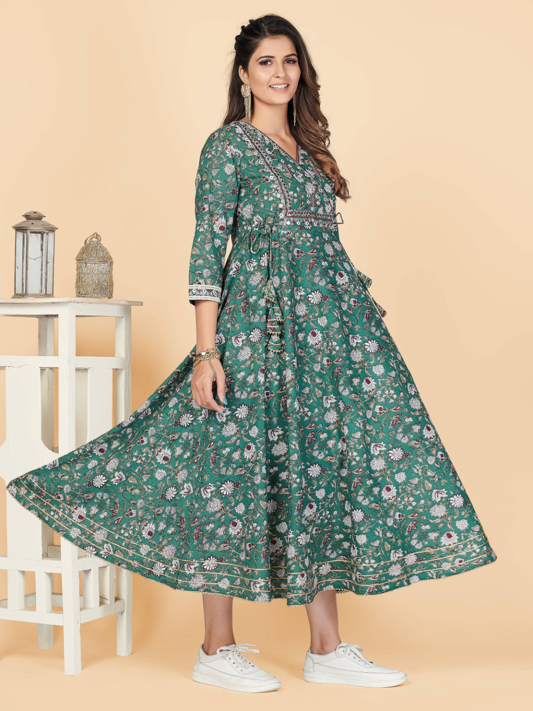 Teal Green Embroidered Anarkali Cotton Kurta