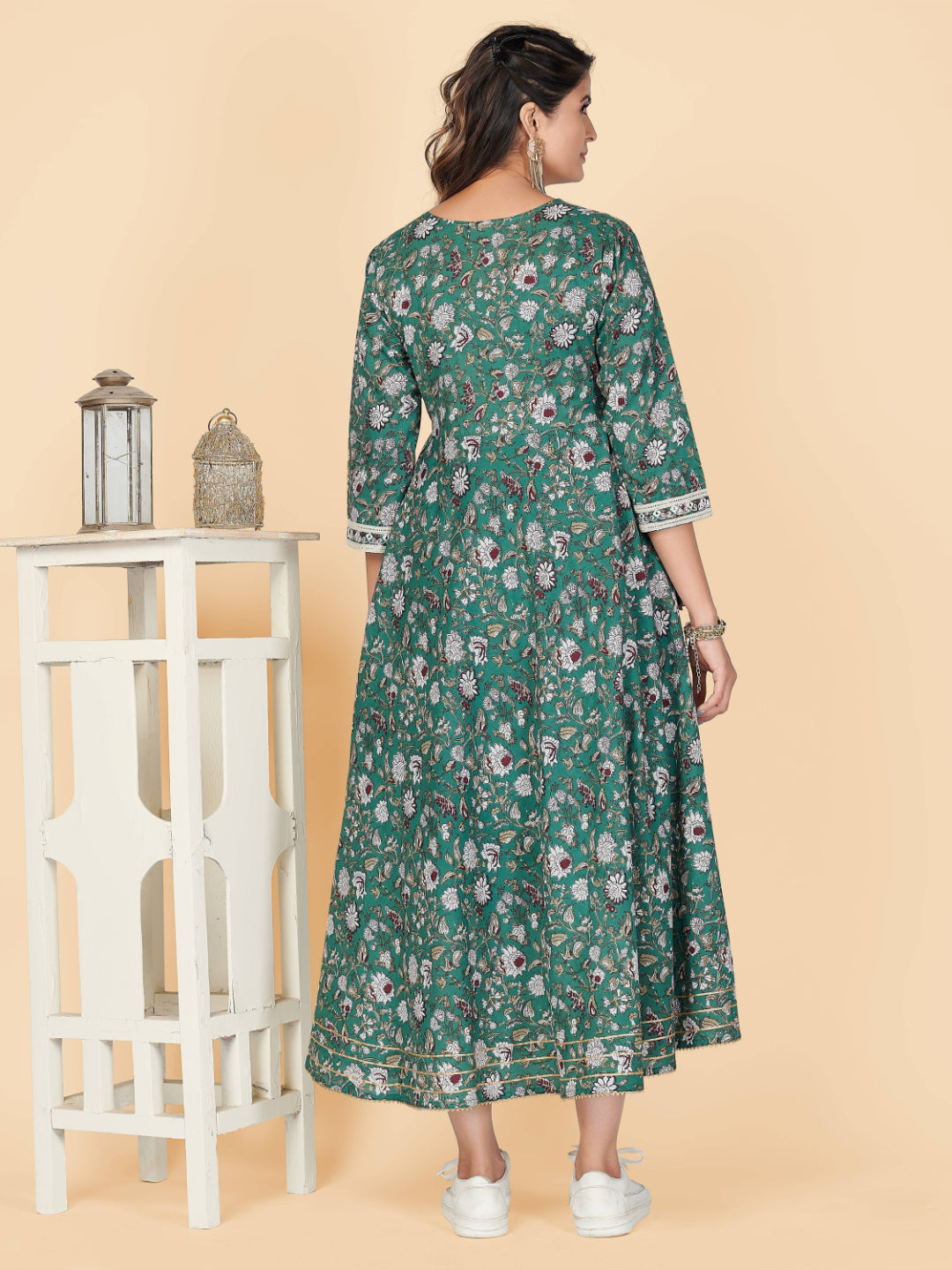 Teal Green Embroidered Anarkali Cotton Kurta
