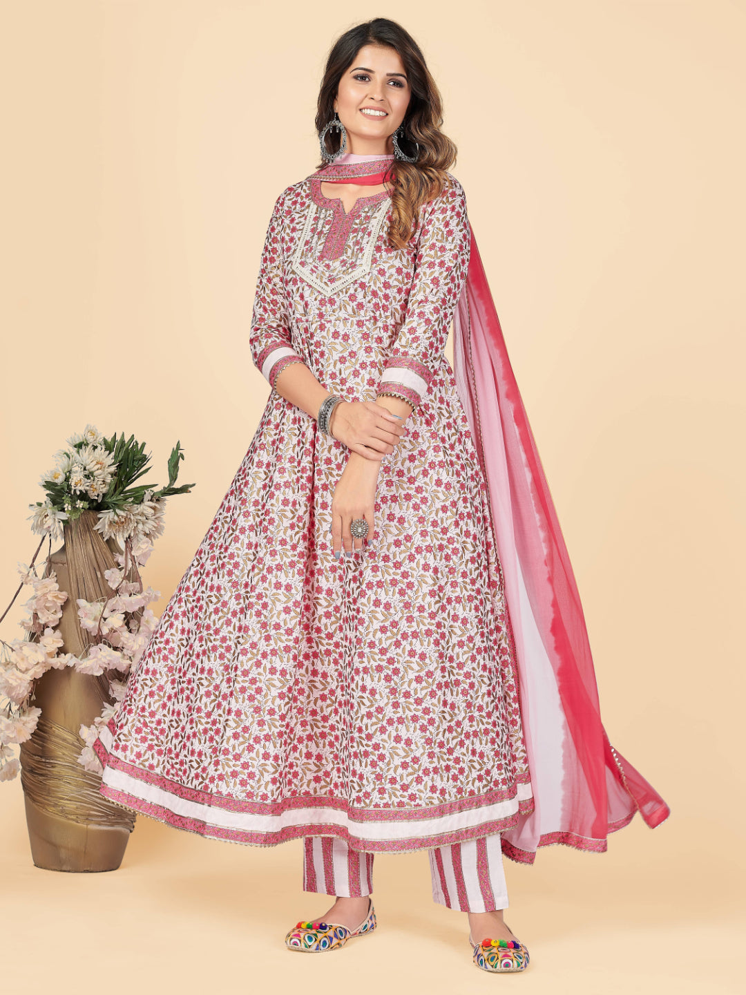 Pink Embroidered Anarkali cotton Kurta Set