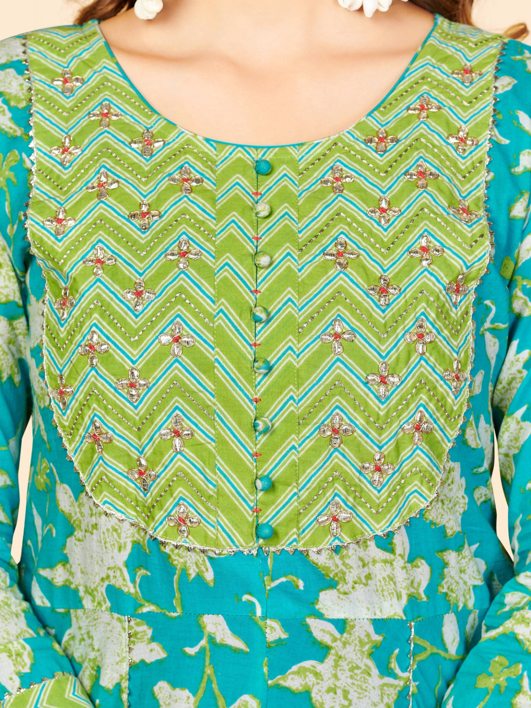 Aqua Embroidered Anarkali Cotton Kurta Set
