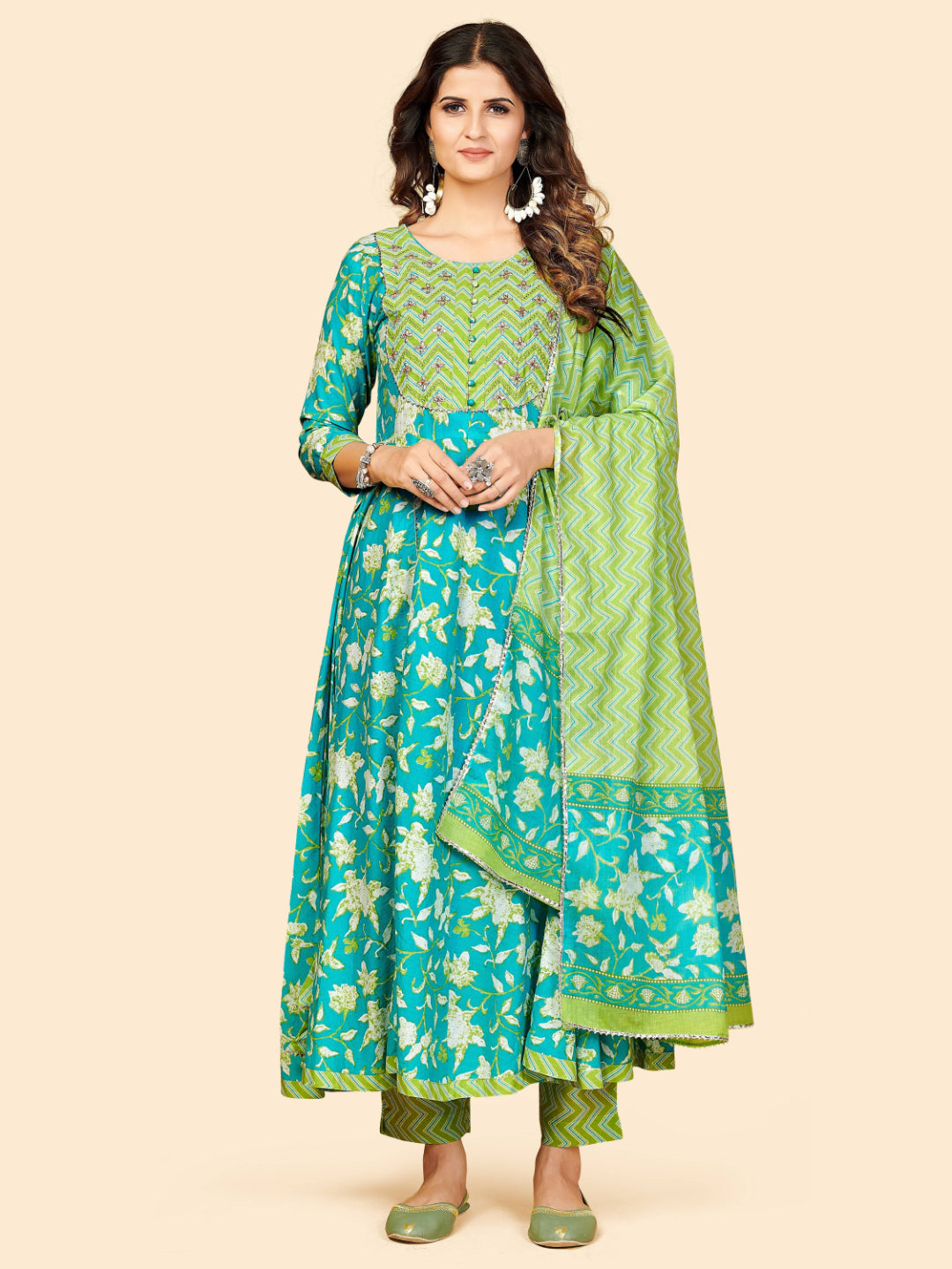 Aqua Embroidered Anarkali Cotton Kurta Set